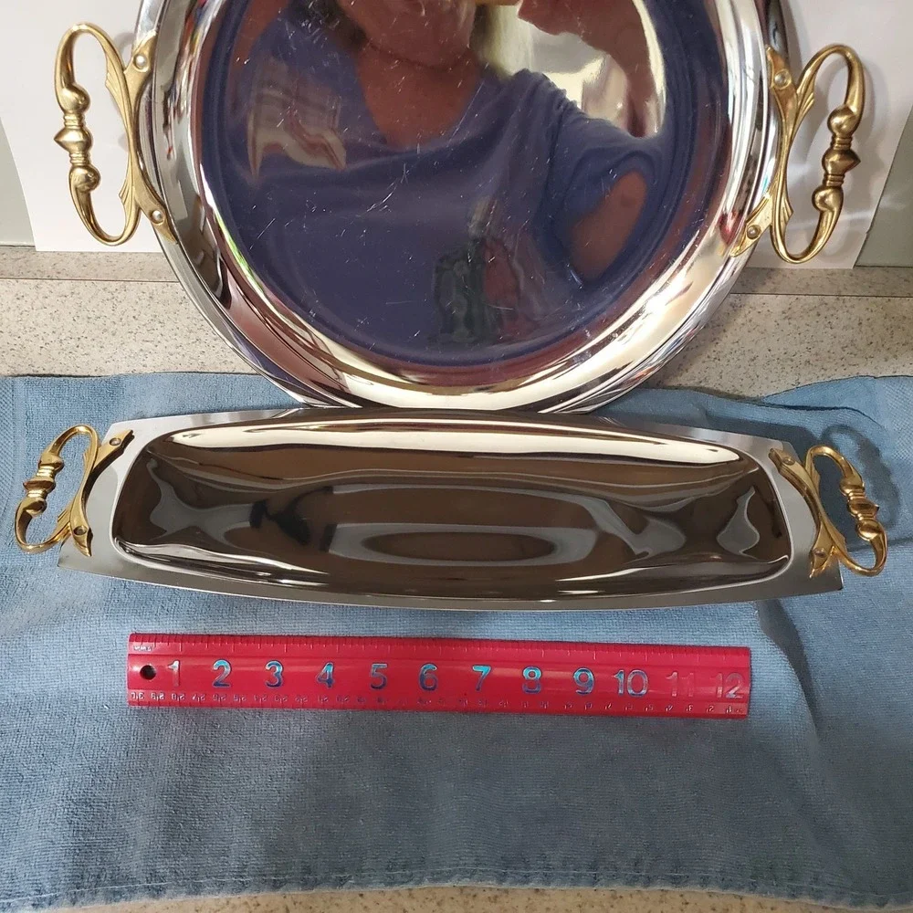 2 VTG Kromex Chrome Serving Trays Gold Handles‎ Mid Century Modern Round Oblong